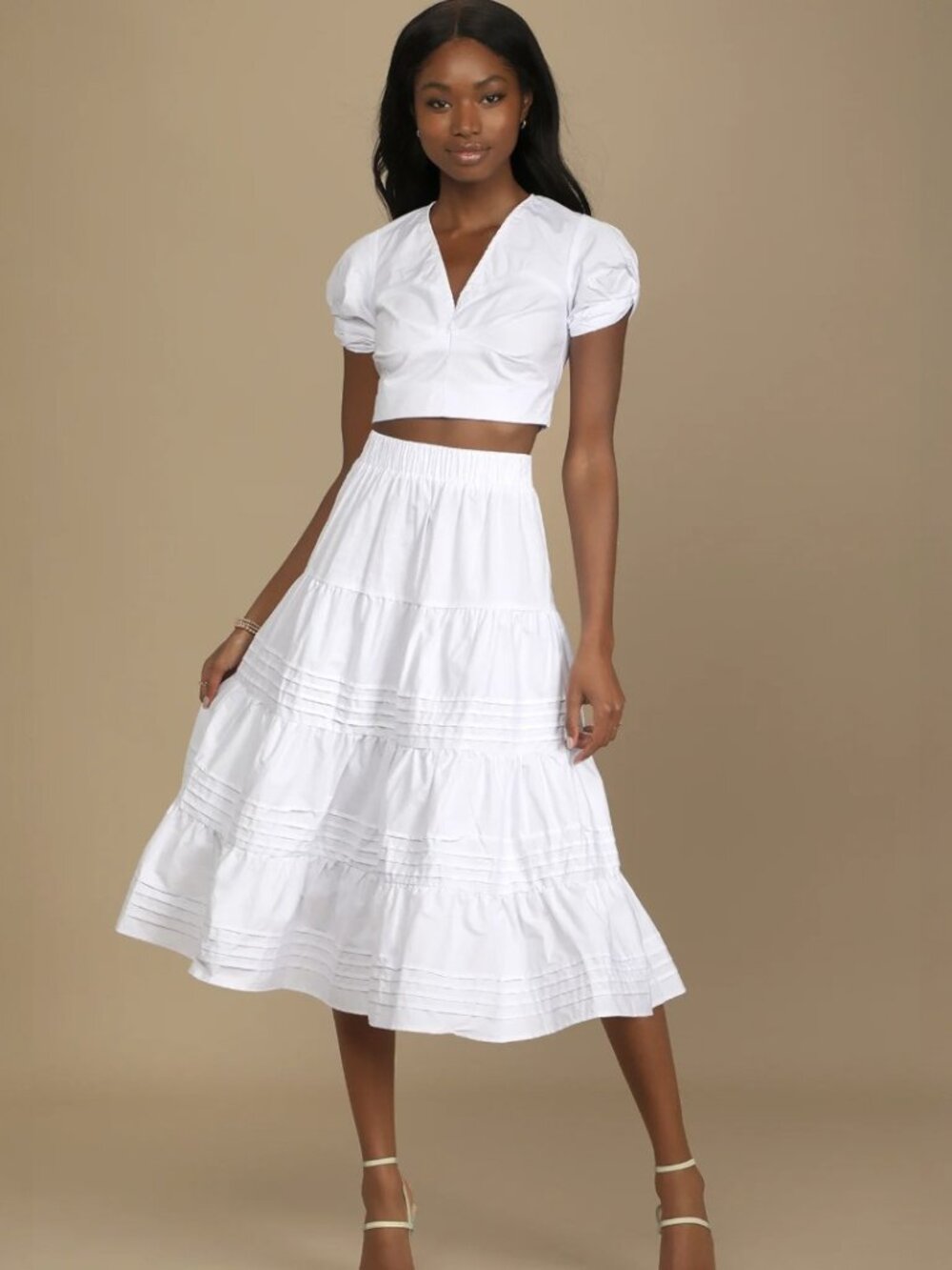 Lulus Perfect Intentions White Tiered Midi Skirt NWT